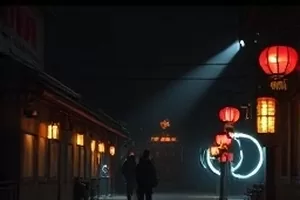 《长夜灯塔》剧照，夜色中灯塔光束扫过礁石与守夜人剪影